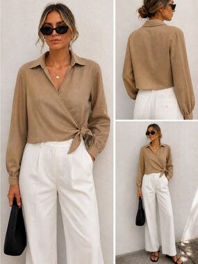 Zara Linen Wrap Blouse | Cropped Tie Front Top | Neutral Minimalist | Medium